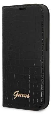 A black Guess brand phone case with a crocodile texture.