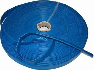 A roll of blue hose on a white background.