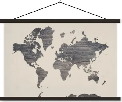 Produktbild von MuchoWow® Textilposter Weltkarte - Grau - Holz 120x80 cm mit schwarzem Rahmen - Wanddeko