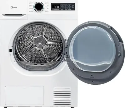 Produktbild von Midea MD110H80B-D, Freistehend, Frontlader, Wärmepumpe, Weiß, Tasten, Drehregler, Rechts