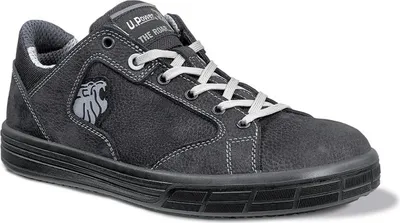 A black leather safety shoe with white laces and grey stitching, shown from a side-angle on a white background.