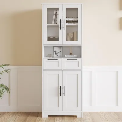 Productafbeelding van Keukenkast, hoge kast, vitrinekast met 4 deuren, buffetkast, wit, MDF