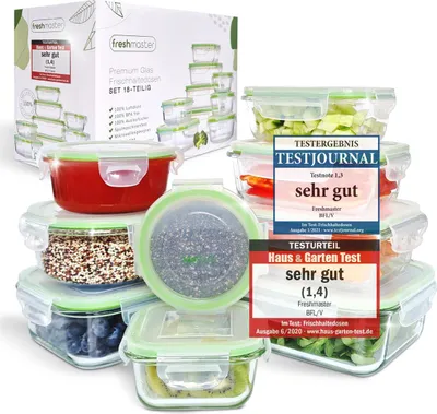Produktbild von Fresh Master Frischhaltedose Set 18 tlg. Borosililatglas, (370 ml, 640 ml, 1.050 ml, 1.520 ml rechteckig mit Deckel, 320 ml, 800 ml quadratisch mit Deckel, 210 ml, 400 ml, 650 ml rund mit Deckel)