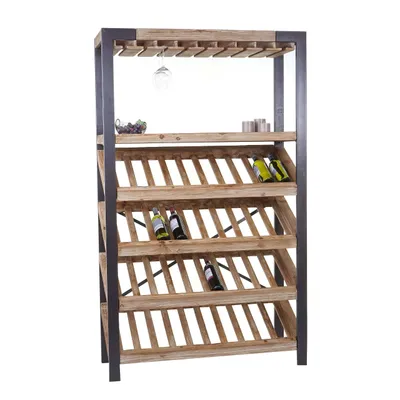A wooden wine rack with a metal frame, filled with wine bottles and glasses.