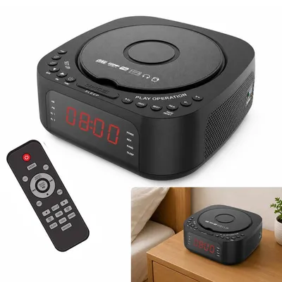 Produktbild von CD Player Bluetooth Doppelwecker – FM-Radio, Schlummer, Fernbedienung | Tragbarer CD-Player für Zuhause