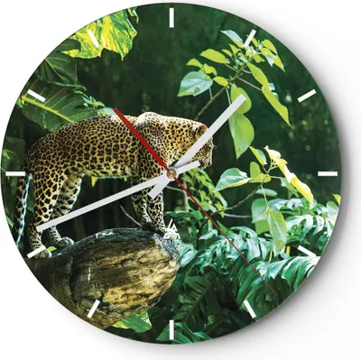 Produktbild von Wanduhr - Rund - Glasuhr - Dschungel Leopard Panther - 30x30cm - Schleichendes Uhrwerk - Lautlos - zum Aufhängen bereit - Dekoration Modern - Wanddekoration aus Glas - C3AR30x30-4502