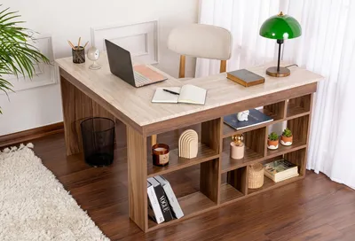 Produktbild von Skye Decor, Hochwertiger Schreibtisch (130 cm) aus Melamin, Travertin & Walnuss
