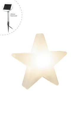 A star-shaped lamp with a solar panel accessory shown in a small inset.