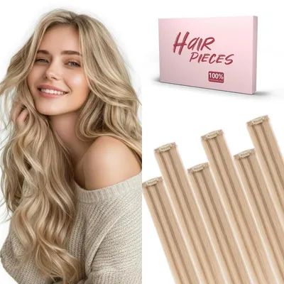 Obrázok produktu pre Clip-in predlžovanie vlasov, prírodné vlasy, 6 kusov, 50 cm, farba: svetlohnedá/svetlohnedý blond, hmotnosť: 44 g