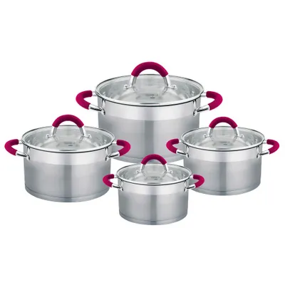 Immagine prodotto di HOME ELEMENTS Set di pentole in acciaio inox 8 pezzi, manici colorati