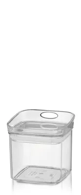 A clear, studio shot of a transparent square food storage container with a lid, presented on a white background.