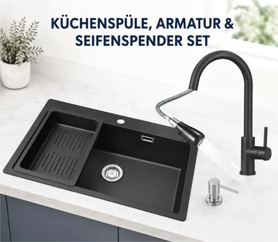 Produktbild von Granitspüle schwarz 70x45cm Set mit Küchenarmatur ausziehbar, Kratzfest & Geräuschdämmend, Cecipa MAX, SMC Küchenspüle, Einbauspüle & Abflussgarnitur