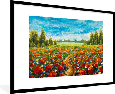Produktbild von MuchoWow® Gerahmtes Poster Ölfarbe - Malerei - Blumen - Landschaft 90x60 cm - Poster mit Schwarzem Bilderrahmen Wandposter Rahmen Foto Bilder - Wanddekoration - Fotos