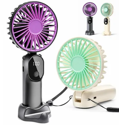 Produktbild von 2er Set Handventilator Akku, Mini Ventilator USB-C aufladbar, 6 Stufen, LED Display, leise, Tischventilator für Reisen & Camping