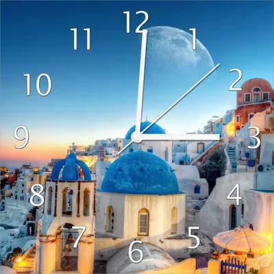 Produktbild von Wallario Design Wanduhr Urlaub auf Santorini aus Echtglas, Größe 30 x 30 cm