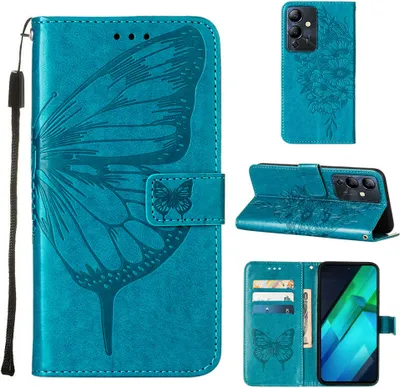 Produktbild von Lederhülle für Infinix Note 12i Schmetterling Prägung Flip Ledertasche Kartenfächer Handyhülle mit Ständer Blau
