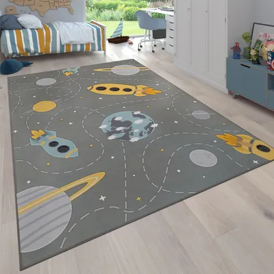 Produktbild von Teppich Kinderzimmer Kinderteppich Rutschfest Rakete Planet Sterne Grau Blau Gelb Grösse 160 cm Rund