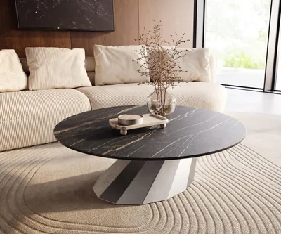 Produktbild von DELIFE Couchtisch Edge Rund 100x100 cm Keramik Laminam® Noir Desir Braun Parabi Edelstahl gebürstet
