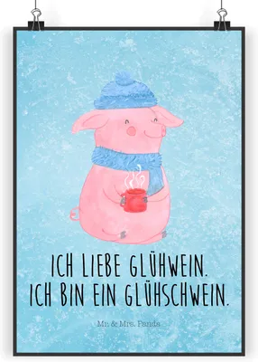 Produktbild von Mr. & Mrs. Panda Bild Schwein Glühwein DIN A4 - Eisblau - Geschenk, drucke, Weihnachten, wanddeko, Posterdruck, Punsch, Wandbild, Weihnachtsmarkt, kunstdruck poster