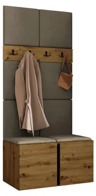 Produktbild von MIRJAN24 Garderoben-Set Orion IV, Garderobe mit Sitzbank mit 8 x Wandpanel 42x42 (Farbe: Artisan Eiche + Schwarz, Polo 875), KI-generiertes Bild