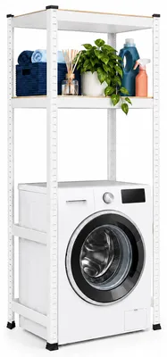 Productafbeelding van Relaxdays wasmachineplank, hoogte x breedte x diepte: 150 x 70 x 40 cm, 2 planken, 400 kg draagvermogen, staal, MDF, steeksysteem, zwaar belastbaar plank, wit, AI-gegenereerde afbeelding