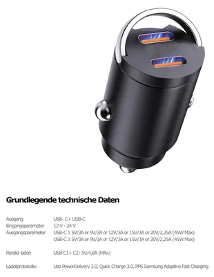 A black car charger with two USB-C ports and technical specifications listed below.