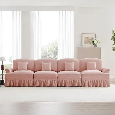 Produktbild von Sweiko Elegantes großes 4-Sitzer Sofa im Mid-Century-Stil aus Chenille mit Trichter-Armlehnen, abnehmbarer Rüschenschürze & spindelförmigen Beinen – Komfortables Wohnzimmer-Sofa,rosa