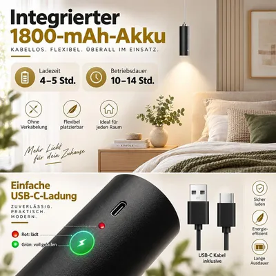Produktbild von Kabellose Pendelleuchte LED, Akku Hängeleuchte mit Touch-Dimmer, magnetischer Halterung, USB-C Ladefunktion, dimmbar für Schlafzimmer Wohnzimmer