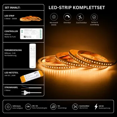 Produktbild von LED Streifen Set Warmweiß 3000K – SMD LED Streifen 24V, 9 W/m, 1500 lm/m, 5m – SS60 Netzteil, SM2 Matter Controller  und  C1 Fernbedienung Weiß