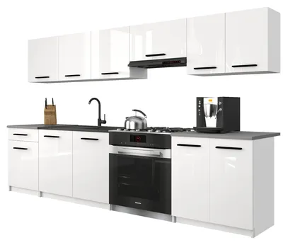 Image de Belini - Coin cuisine moderne ITALIA 2 - Meubles de cuisine 240 cm, blanc brillant - Cuisine équipée avec éléments hauts, éléments bas et plans de travail