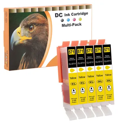 Productafbeelding van D&C 5X Gele XL inktpatronen, compatibel met Canon CLI-571 Y, voor Canon PIXMA TS5053, TS5055, TS6050, TS6051, TS6052, TS8050, TS8051, TS8052, TS8053, TS9050, TS9055, MG5750, MG5751, MG5752, MG5753, MG6800