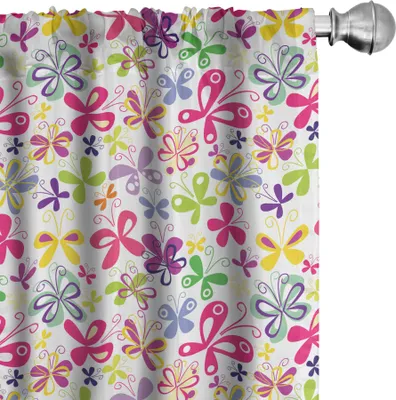 Produktbild von ABAKUHAUS Schmetterling Vorhänge, Gardinen, Frühlings-Saison themed blühende Natur inspiriert Flora und Fauna Muster wirbelt, 2 Stück 75 x 175 cm, Mehrfarbig