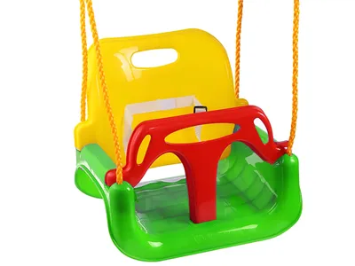 A colorful plastic baby swing with a safety bar and straps, shown against a white background.