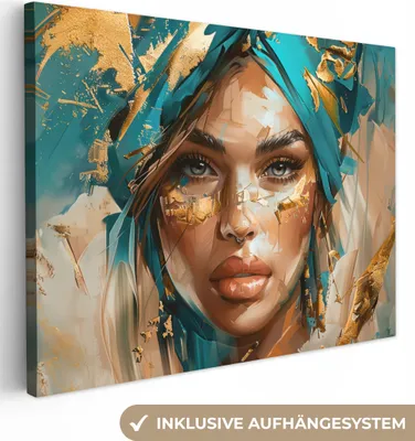 Obrázek produktu pro OneMillionCanvasses® - Plátno - Žena - Portrét - Zlatá - Luxusní - Modrá, nástěnná malba, nástěnné dekorace obrazy obývací pokoj, 80x60cm