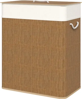 A laundry basket with a lid and rope handles.