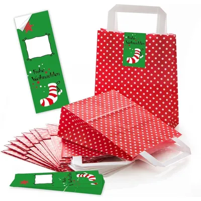 Produktbild von 5 rot weiß gepunktete Papiertüten HEILIGER NIKOLAUS Geschenk-tüten Weihnachtstüten Boden 18 x 8 x 22 cm kleine Papiertaschen + Aufkleber rot weiß Verpackung Weihnachten rot weiß beigeNikolausstrumpf / 25 Stück