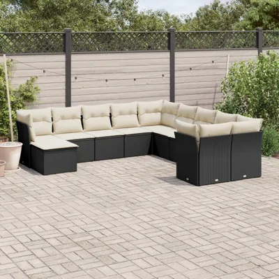 Produktbild von Design 11-tlg. Garten-Sofagarnitur mit Kissen Schwarz Poly Rattan, Gartenmöbel-Sets 2024 Neu