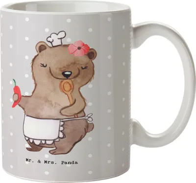 Produktbild von Mr. & Mrs. Panda Tasse Köchin Herz - Grau Pastell - Geschenk, Kaffeebecher, Teetasse, Becher, Kochgutschein, Restaurant, Kaffeetasse, Küchenchefin, Keramiktasse, Lecker