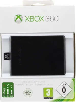 The image shows the packaging of an Xbox 360 500GB Media Hard Drive.