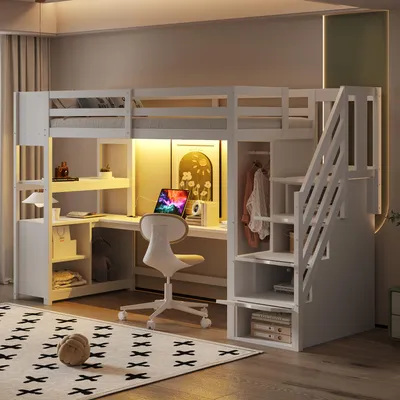 Produktbild von Flieks Etagenbett 90x200cm mit Schreibtisch & Regal, Kinderbett Hochbett mit Kleiderschrank & Led, Stockbett Jugendbett Einzelbett mit Treppe, Weiß