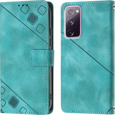 A teal flip leather wallet case for a Samsung Galaxy S20 FE is shown, with the phone inserted in one view and the case closed in another.