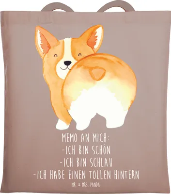 Produktbild von Mr. & Mrs. Panda Tote Bag Corgi Po - Braun Pastell - Geschenk, Hund, Sprüche, Schultasche, Shopping Tasche, Unitasche, Laptoptasche, Süß, Spruch, Positiv