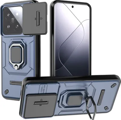 Immagine prodotto di Custodia per Xiaomi 14 Pro a doppio strato con protezione scorrevole per la fotocamera e supporto per l'anello, supporto blu