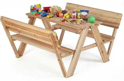 Imagen del producto de Mesa de picnic infantil Silecomplaza, fabricada en madera maciza, conjunto de asientos infantiles para exteriores con bancos y respaldos para 4 personas, juego de mesa y sillas infantiles multifuncionales para terraza, jardín, patio o espacios naturales