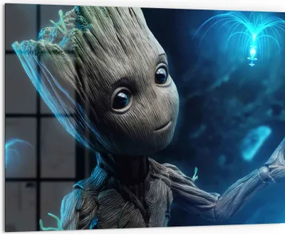 Produktbild von DEQORI Küchenrückwand Glas 80x60 cm 'Niedlicher Baby Groot' Spritzschutz Bad Rückwand