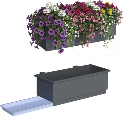 Obrázok produktu pre Relaxdays Sada 2 balkónových kvetináčov, na zábradlie, rozmery: 17 x 50 x 19 cm, kvetináč s odtokom a miskou, oceľ, antracit