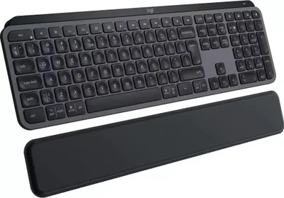 A Logitech keyboard and wrist rest are shown against a white background.