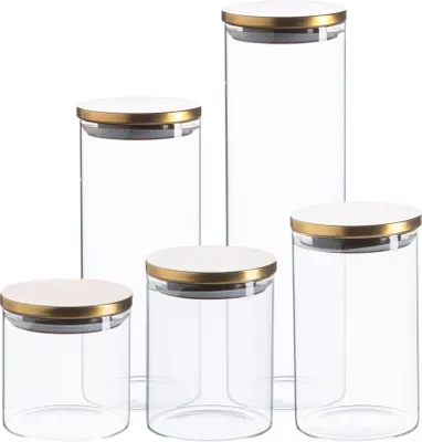 Produktbild von 5pc Scandi Vorratsdosen-Set mit Goldmetallischen Deckeln - Klar Glas KÃ1/4che Tee Kaffee Zucker Keks Lebensmittelbehälter Kanister - Von Argon Ta