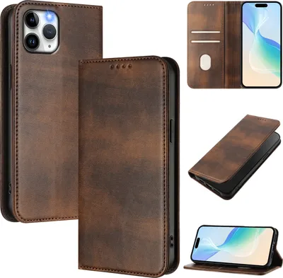 Produktbild von Handyhülle für iPhone 11 Pro, Vintage Leder RFID Schutz Kartenfach Standfunktion Magnetische Klapphülle Braun