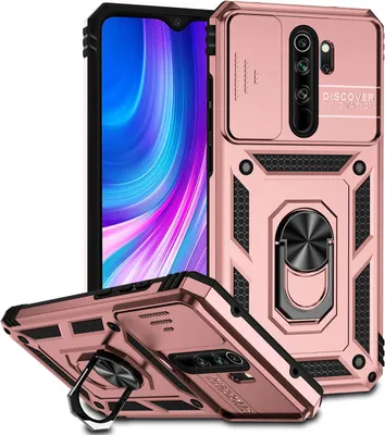 A rose gold phone case with a sliding camera cover and a ring holder is displayed with a phone inside.